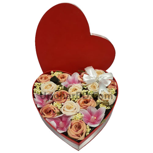 Colorful Roses In A Heart Shape Box